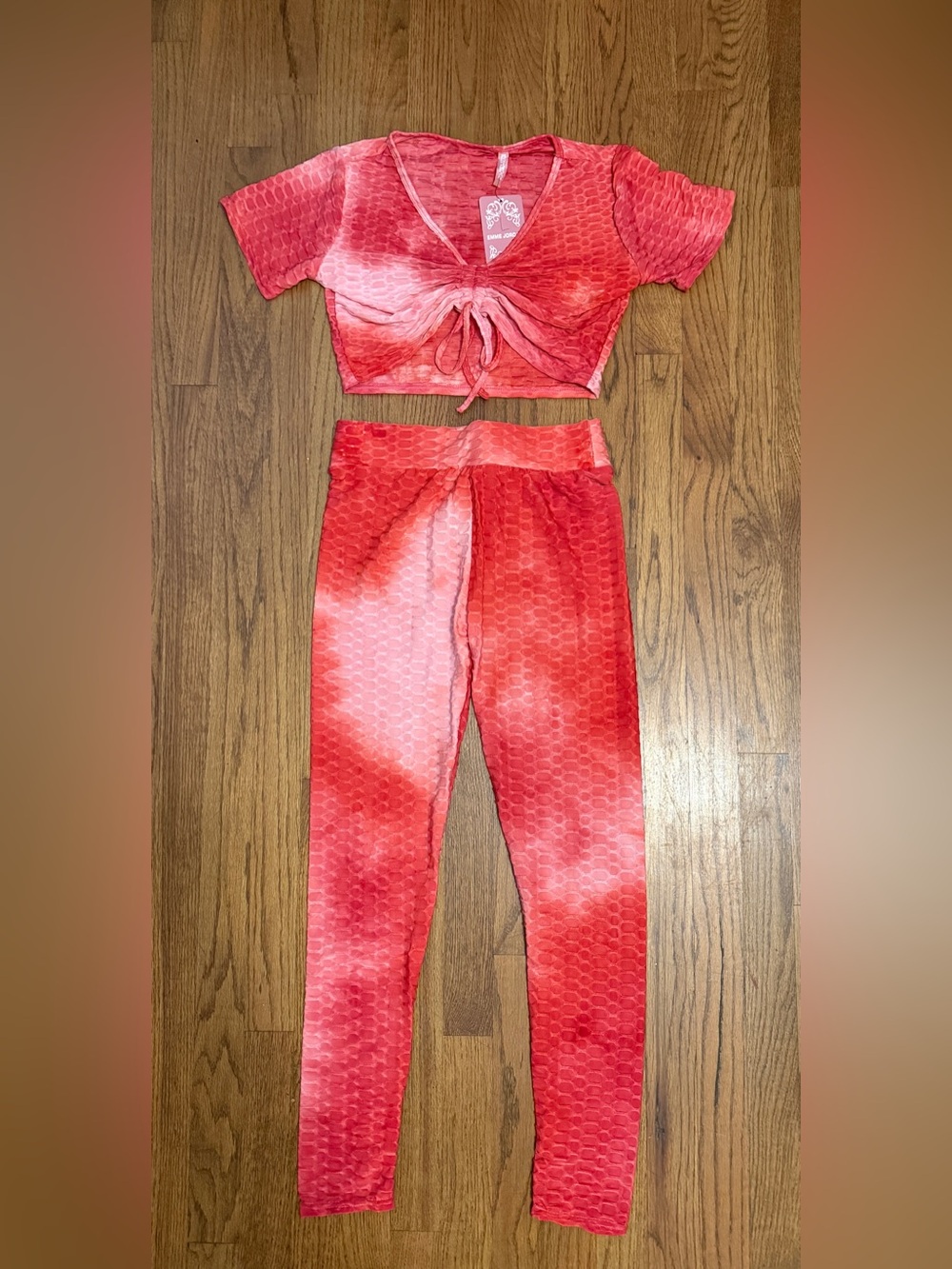 Women’s 2 Piece Set Pink Tie-Dye High-Waist Textured Leggings
